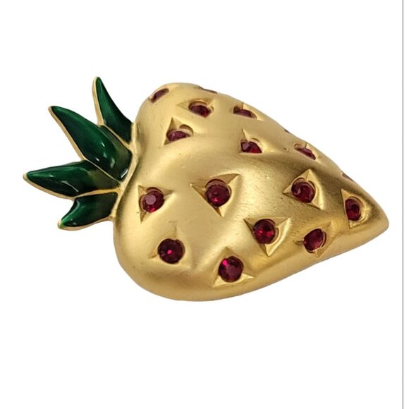 Givenchy Gold-Tone Red Rhinestone Green Enamel Leaf Strawberry Brooch, Signed - Picture 5 of 9
